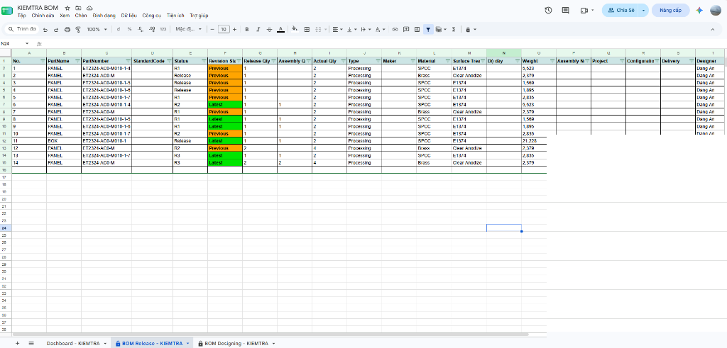 Google Sheets BOM Release - Revision Status