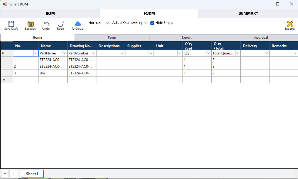 Giao diện Dynamic Form SmartBOM