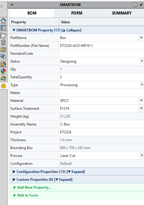 SmartBOM Part Mode Property Editor