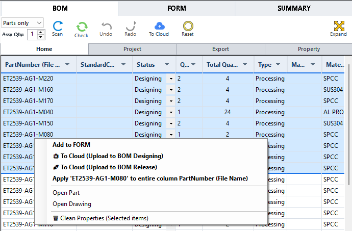 Giao diện chuột phải và thao tác nhanh SmartBOM